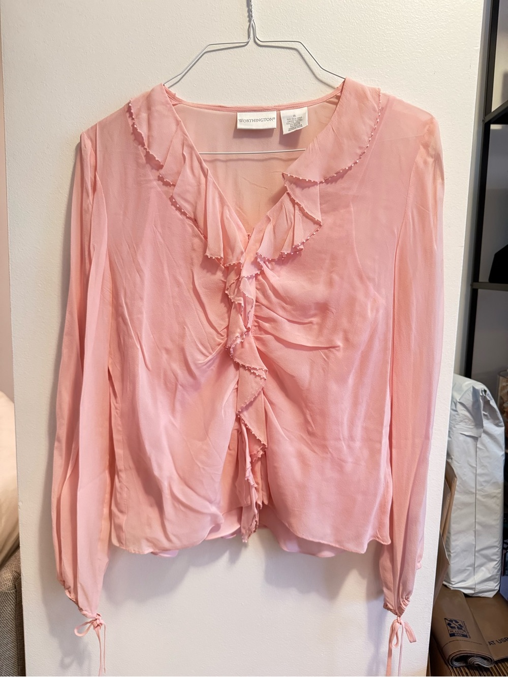 Vintage Y2K Worthington 100% Silk Ruffle Blouse & Cami Set Pink 14 Coquette